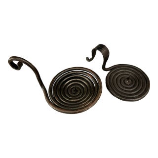 Vintage 20th Century Medieval/Rustic Hand Forged Iron Spiral Candle/ Votive Holder- Pair of 2 For Sale