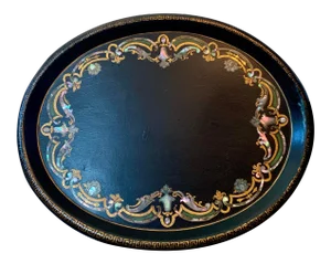 19th Century Black Paper Mache VictorianTray With Mother of Pearl Inlay