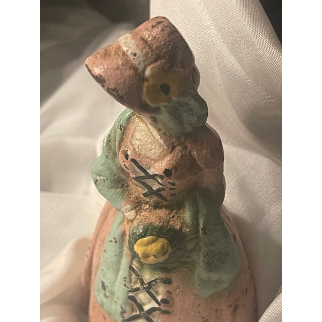 Pink Antique Cast Iron Doorstop W Victorian Lady in Peachy Pink Colonial Attire & Sunflower Bonnet For Sale - Image 8 of 12