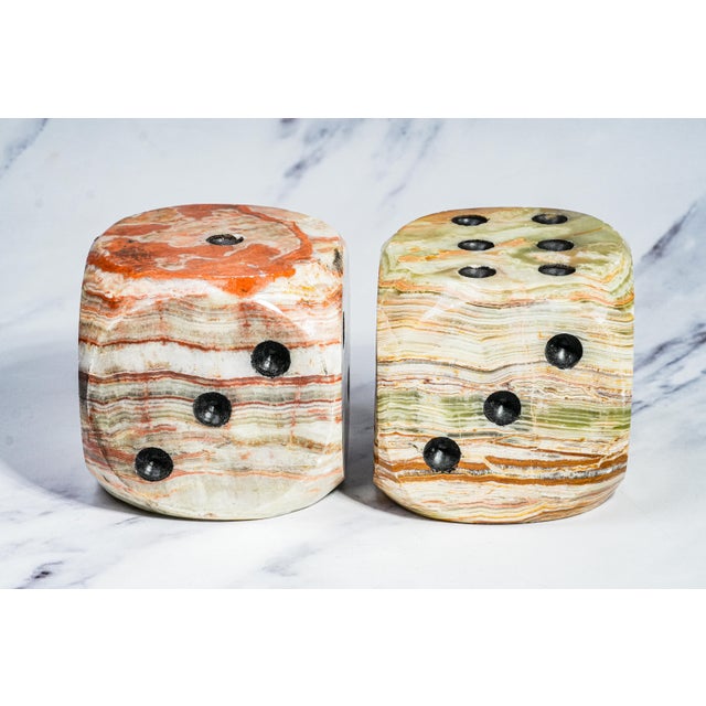 Stone Amazing Banded Onyx Marble Vintage Pair of Large Oversized Dice Bookends Sculpture Mid Century Modern MCM For Sale - Image 7 of 14