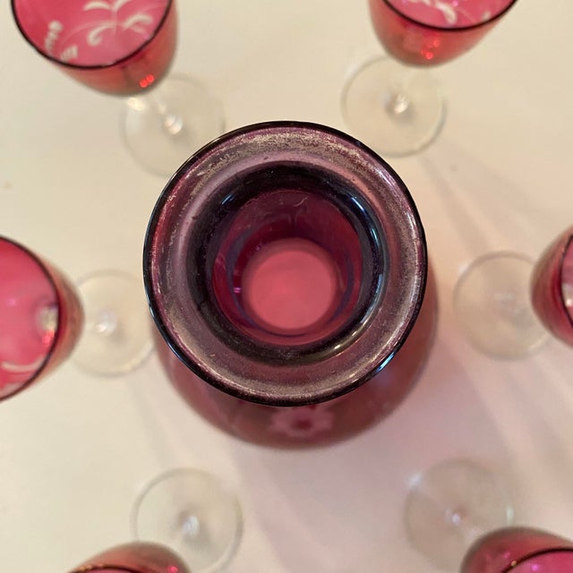 Cranberry Glass Decanter 6 Port Glasses and Shot Glass Stopper For Sale In Sacramento - Image 6 of 14
