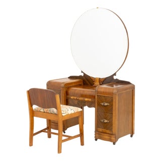 American Art Deco Mirrored Marquetry Inlaid Walnut Vanity and Chair For Sale