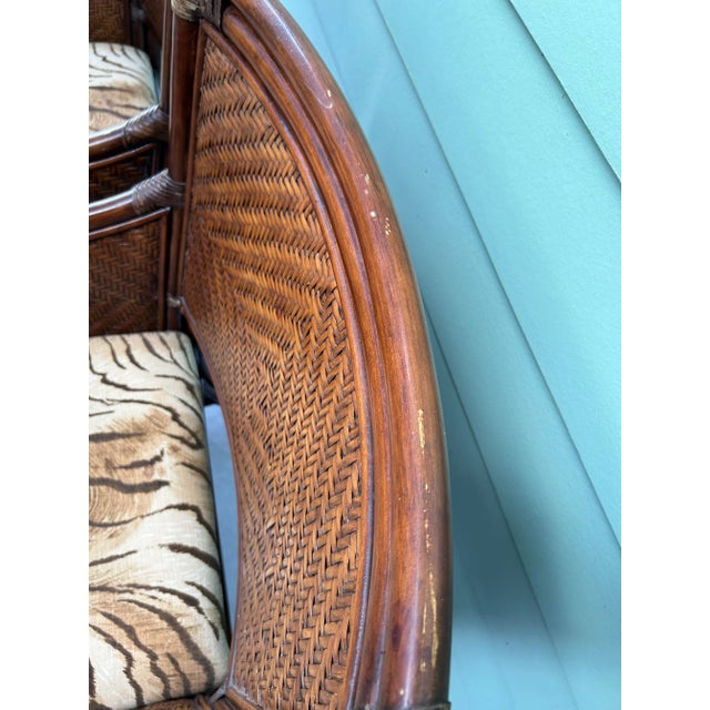 Vintage Bamboo & Rattan Arm Chairs – Pair of Wicker Dining or Accent Chairs With Upholstered Seats For Sale - Image 10 of 12