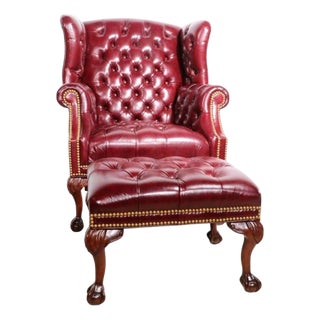 Chesterfield Wingback Leather Chair & Matching Ottoman by Hancock and Moore For Sale