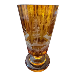 Antique Moser Bohemian Glass Cut Amber Deer Goblet
