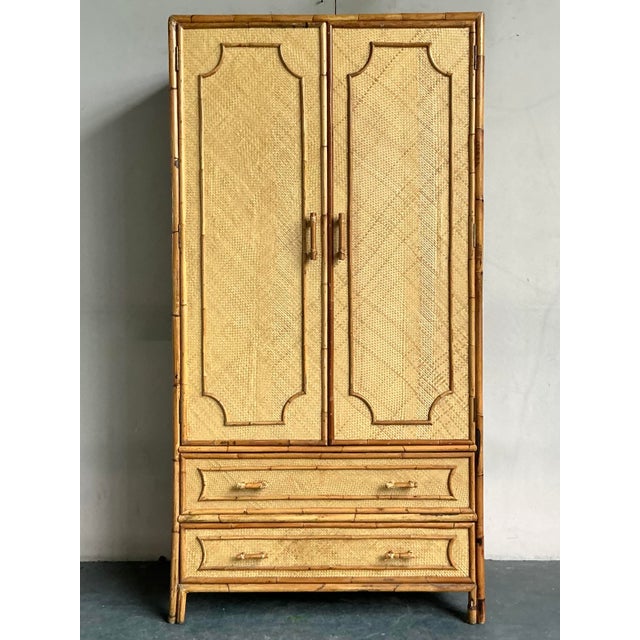 Late 20th Century Vintage Coastal Woven Rattan Armoire For Sale - Image 5 of 7