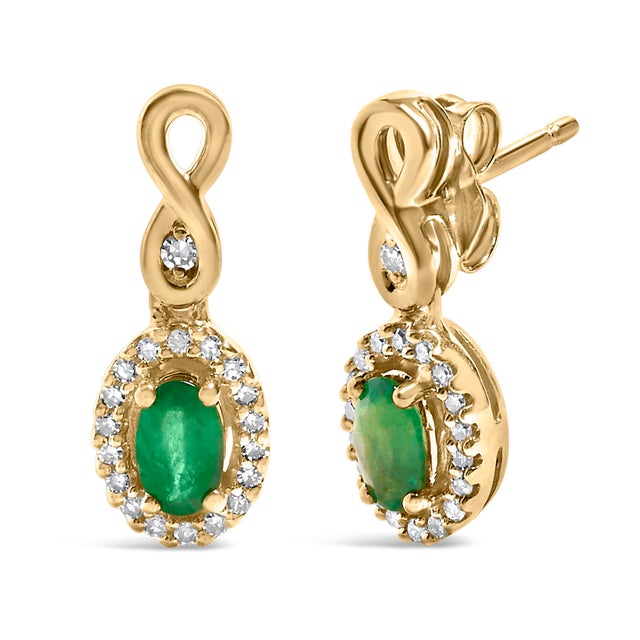 Contemporary 10K Yellow Gold Oval Cut Green Emerald 5x3 mm and 1/7 Cttw Round Diamond Dangle Earrings, A Pair For Sale - Image 3 of 5
