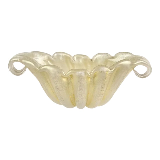 Vintage Barovier Toso Murano White Gold Flecks Italian Art Glass Flared Scallop Rim Curled Sides Bowl For Sale