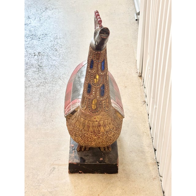 Wood Vintage Indonesian Balinese Folk Art Painted Wood Temple Swan Statue For Sale - Image 7 of 12