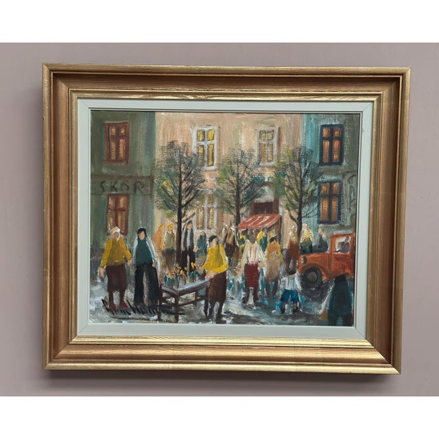 Original Vintage Swedish Oil on Canvas – “Market Scene” by Arne Wallsten – Signed – Vintage & Framed – 53 × 44 cm (20.9" ×...