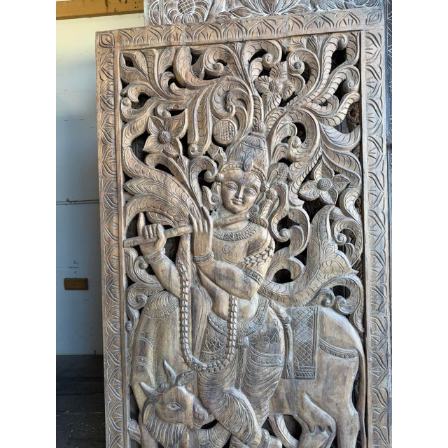 Antique Indian Hand-Carved Krishna Solid Wood Barn Door | Architectural Wall Panel 72x36 For Sale - Image 4 of 8