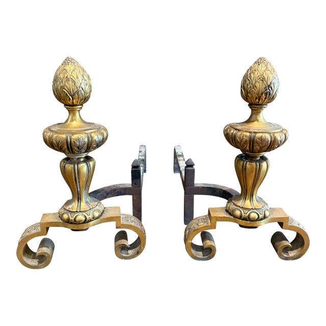Pair of Gilded Artichoke Andirons For Sale