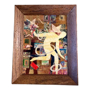 Contemporary Original Wayne Cunningham Abstract “Running Man” Collage Vintage Frame