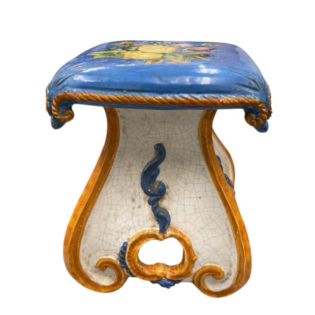 Vintage Italian Majolica Hand-Painted Ceramic Fruit Stool & Side Table For Sale - Image 4 of 12