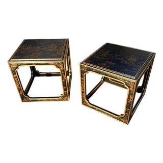 Pair of Chinoiserie Square Open Cube Black Gold Side Tables For Sale