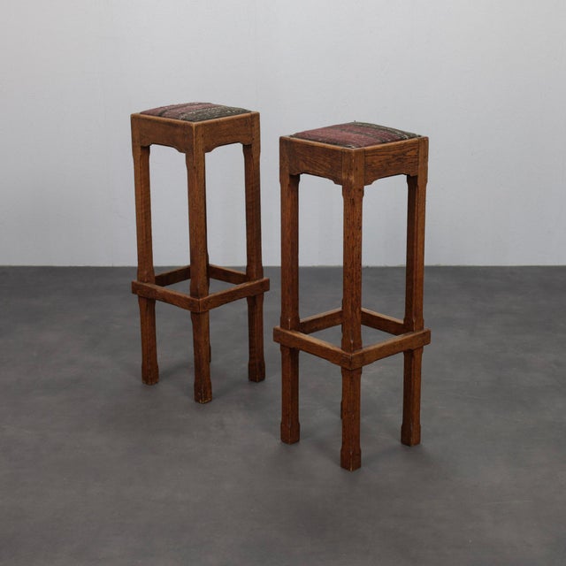 Art Deco Dutch Oak Bar Stools with Upholstered Seats, 1930s, Set of 2 For Sale - Image 3 of 8