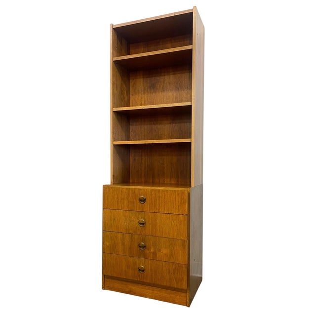 Brown Vintage Mid Century Modern Bookshelf Cabinet With 4 Drawers For Sale - Image 8 of 11