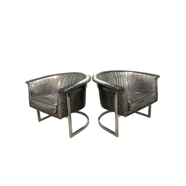Milo Baughman Pair of 1970s Milo Baughman Style Chromed Leather Lounge Chairs For Sale - Image 4 of 8