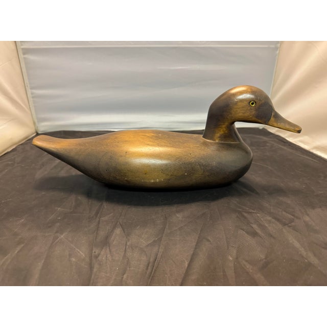 American Carved Natural Wood Stained Large 16” Duck Decoy Glass Eyes Vintage For Sale - Image 3 of 10
