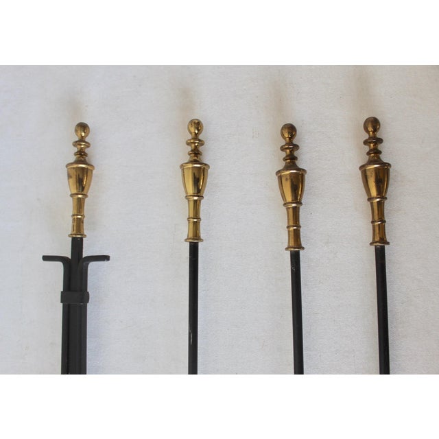 Pilgrim Vintage Mid-Century Brass Black Iron Fireplace Tool Set With Stand- 5 Pieces For Sale - Image 9 of 12
