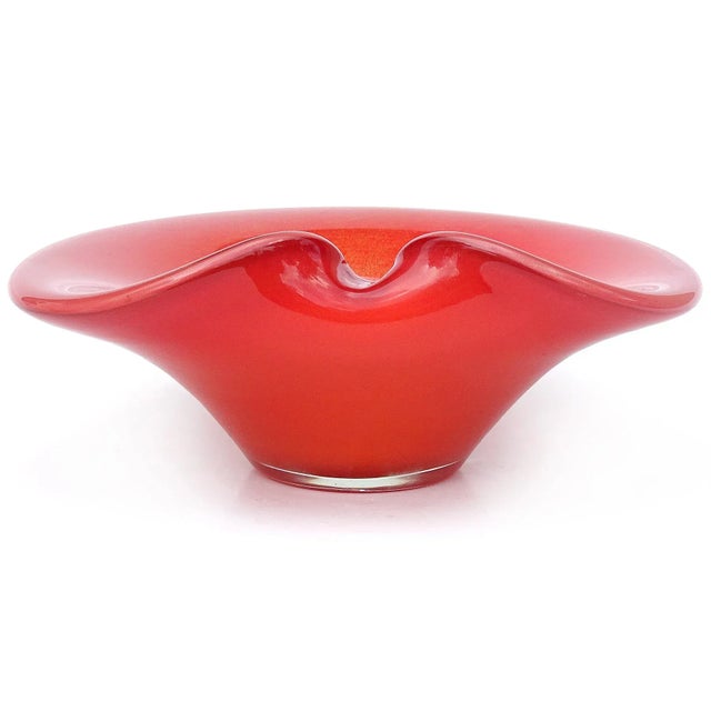 Murano Vintage Persimmon Orange Gold Flecks Italian Art Glass Flared Rim Decorative Center Bowl For Sale - Image 9 of 9