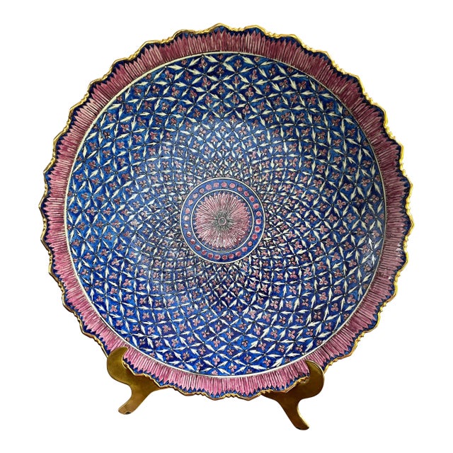 Vintage Hand-Painted Oriental Plate & Brass Stand For Sale