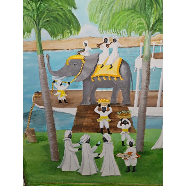 This is a rare Mari B. Watts naive painting of a procession on the Nile depicting the Mahdi and Emperor Salassie where the...