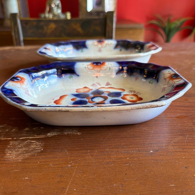 Antique Gaudy Welsh Crescent Pinwheel Flow Blue Set of 2 Vegetable Dishes, Circa 1840s For Sale - Image 11 of 12
