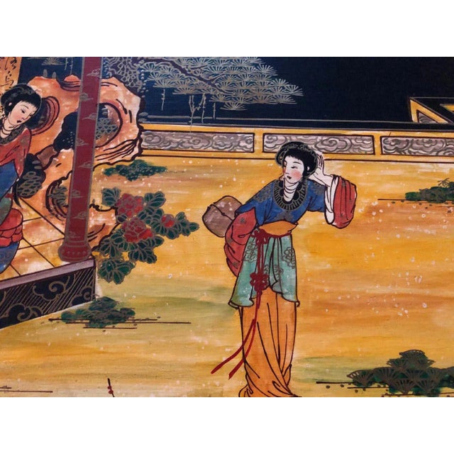 Hand Painted Japanese Wood Plaque This plaque measures 28"x17"x.75", not including brass mounts. There are age related...