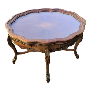 1950s Rococo Style Carved and Burled Walnut Glass Tray Top Oval Side Table