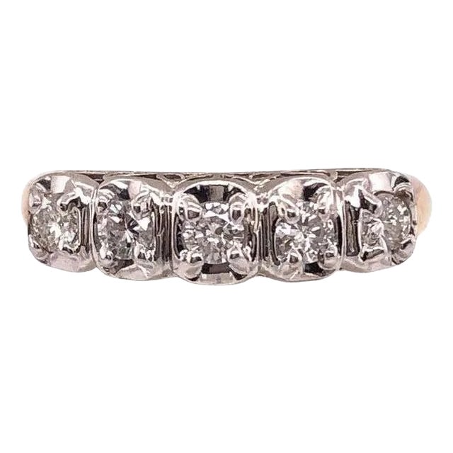 10 Karat Two-Tone Yellow and White Gold Crescent Ring With Five Diamonds For Sale