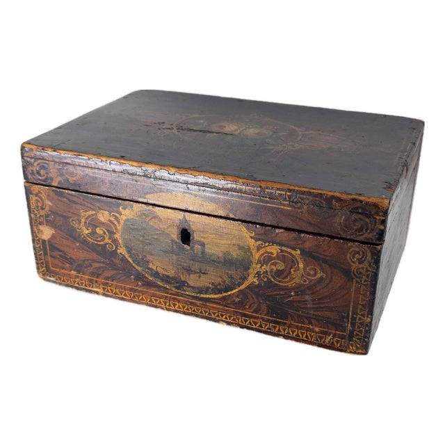 19th Century American Folk Art Grain Painted Document Box With Decoration For Sale