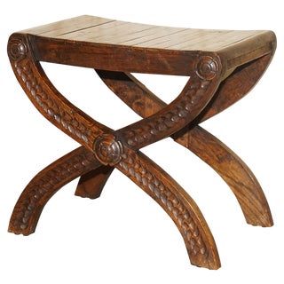 Vintage English Jacobean Hand Carved Stool in Oak For Sale