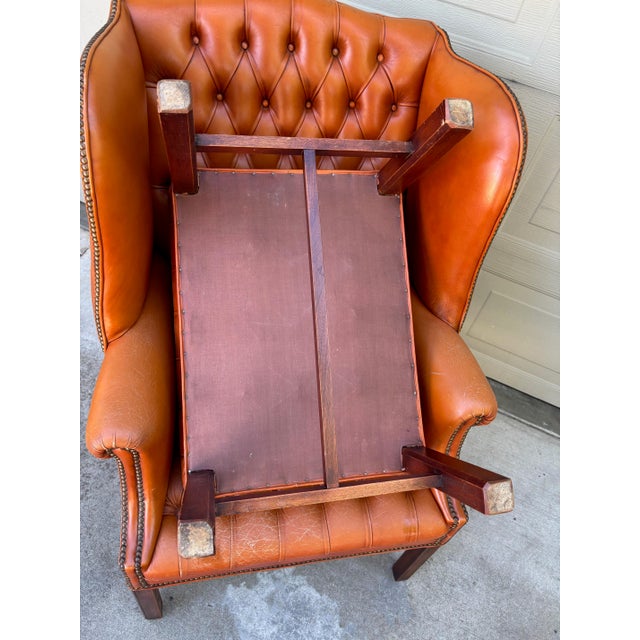 Vintage Chesterfield Georgian Leather Wing Back Button Tufted Chair Ottoman Brass Nailhead For Sale - Image 14 of 16