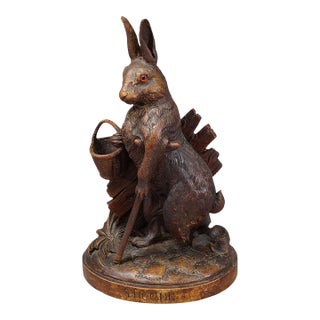 Antique Black Forest Carved Rabbit Figure With Basket, Circa 1900 For Sale
