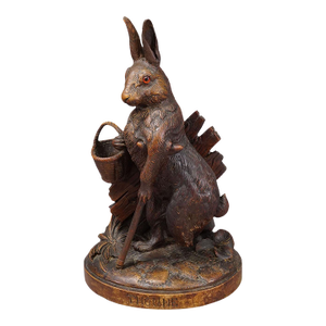 Antique Black Forest Carved Rabbit Figure With Basket, Circa 1900