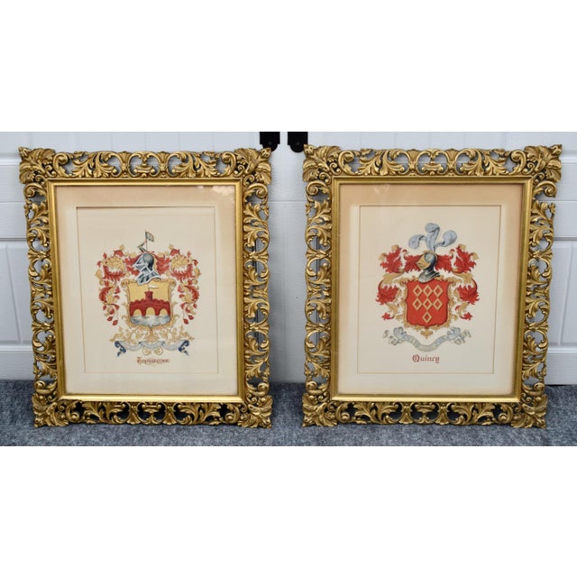 Vintage Pair Framed Prints Coat of Arm Ornate Gold Gilt For Sale - Image 4 of 18