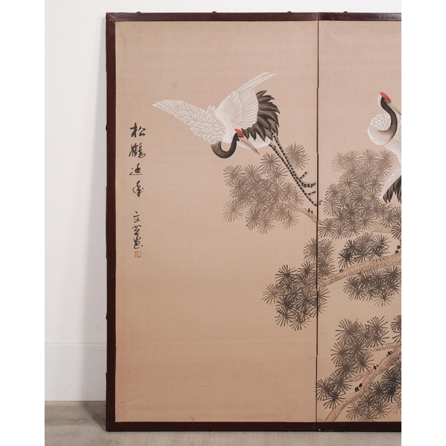 Japanese Japanese Style Showa Four-Panel Screen Cranes in Pine Trees For Sale - Image 3 of 18