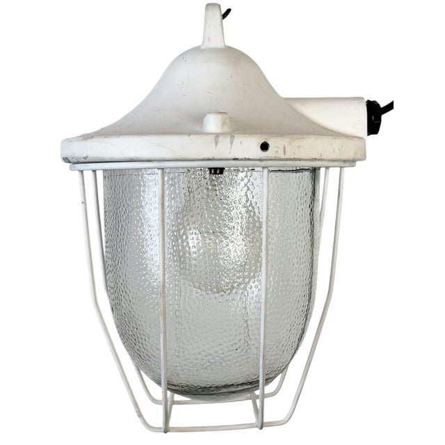 Industrial White Bunker Cage Light from Polam Gdansk, 1970s For Sale