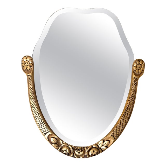 Swedish Grace Carved Giltwood Mirror with Beveled Glass and Roses, 1930 For Sale