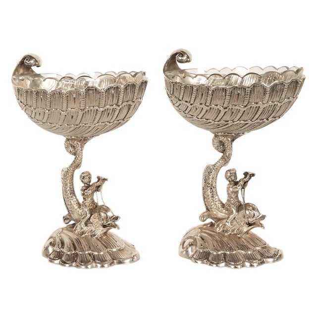 A Beautiful Pair of antique solid silver "Grotto" style Rococo Revival master table salt cellars, Hannau, Germany, circa...