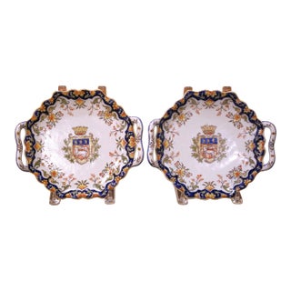 Pair of Early 20th Century French Rouen Faience Armorial Wall Platters For Sale