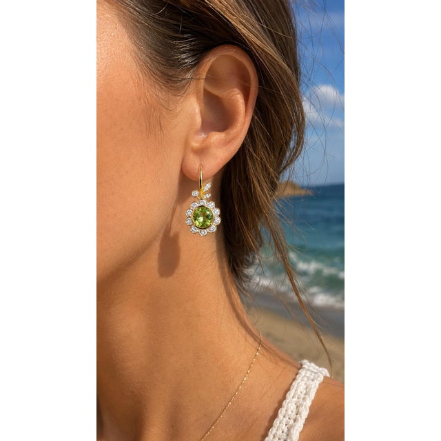 Art Nouveau Peridot Flower and Leaf Drop Earrings, Silver, Gold, Pair For Sale - Image 6 of 7