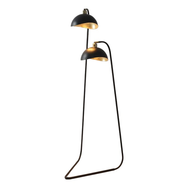 Luna Bella Duo Floor Lamp - Weathered Brass, Matte Black/Gold-Leaf Shade, Black Marble, on/Off Switch For Sale