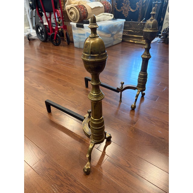 19th Century Antique American Brass and Cast Iron Fireplace Andirons W. Ball and Claw Feet For Sale In New York - Image 6 of 12