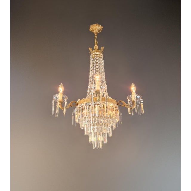 Antique Italian Neoclassical Crystal Chandelier Brass Original Wooden Sockets For Sale - Image 11 of 11