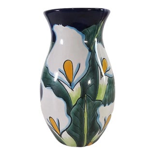 Mexican Talavera Calla Lily Vase Cobalt Blue 9.5" Signed For Sale