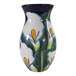 Mexican Talavera Calla Lily Vase Cobalt Blue 9.5" Signed