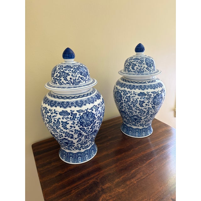 Chinoiserie Chinoiserie Blue and White Porcelain Ginger Jars, Pair For Sale - Image 3 of 8