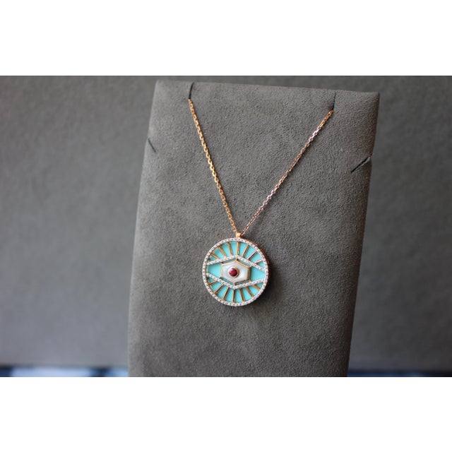 Diamond Halo Evil Eye Turquoise 18k Rose Gold Pendant Charm Medallion Necklace For Sale - Image 10 of 18